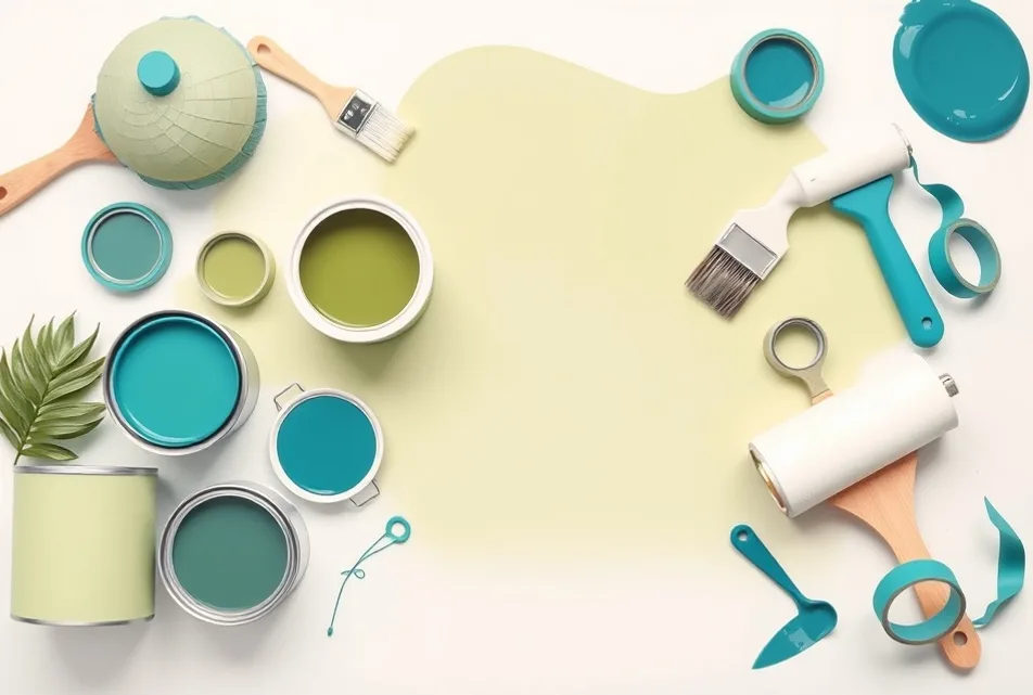 Pots de peinture, nuancier, brosses et rouleaux disposés à plat
