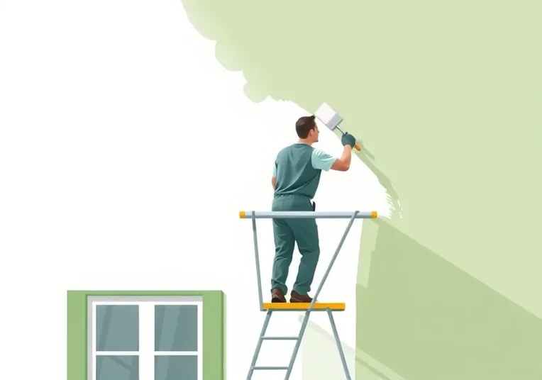 Peintre sur échafaudage traitant la façade d'une maison