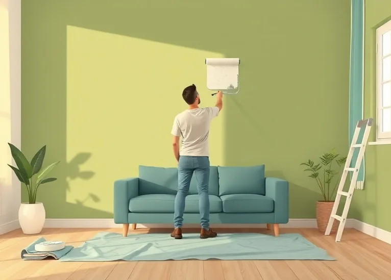 Peintre appliquant la peinture au rouleau sur un mur de salon